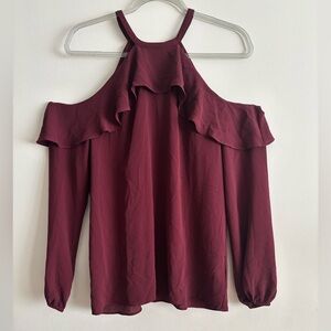 Michael Kors Burgundy Women’s Long Sleeve Cold-Shoulder Ruffle Blouse Size M